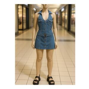 VTG GUESS Denim Y2K Halter Mini Dress Sz 11 Blue Snap Front Rave Drop Waist Belt